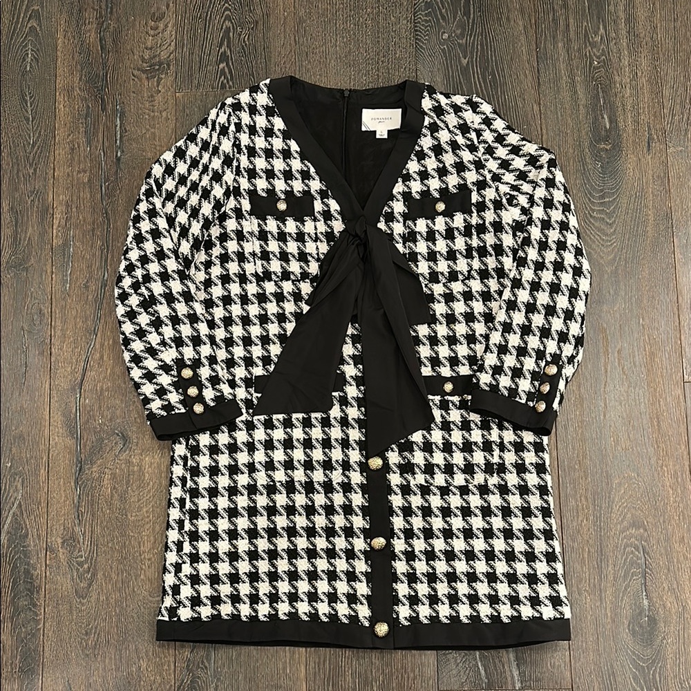 Pomander Place Black, White, and Gold Houndstooth Tweed Dress